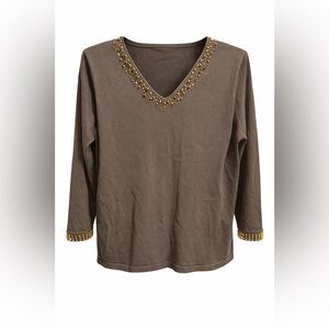 Beaded V-Neck Women’s Top in Olive Brown
